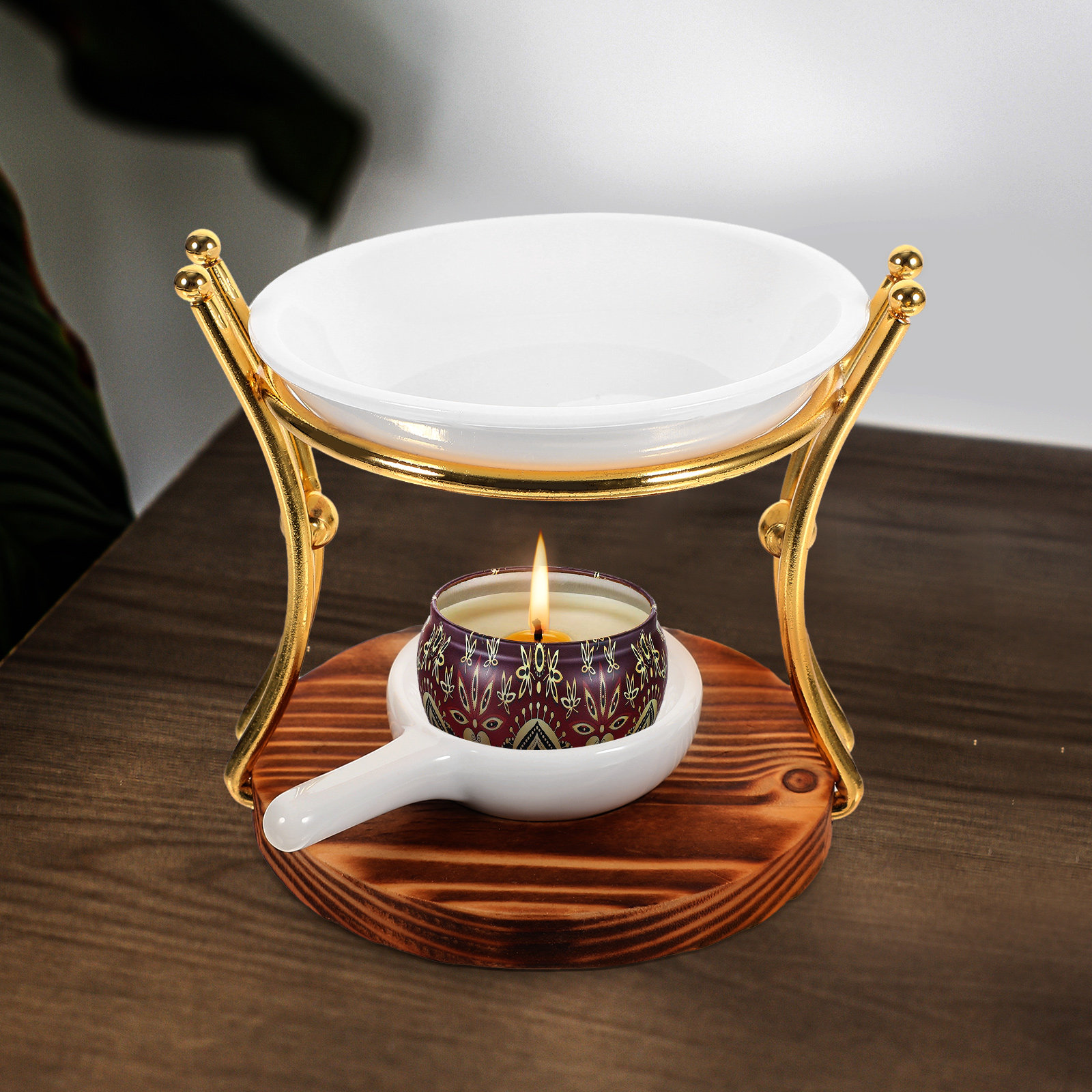 Ceramic Oil Burner - 1Set Wooden Ceramic Iron Aroma Burner